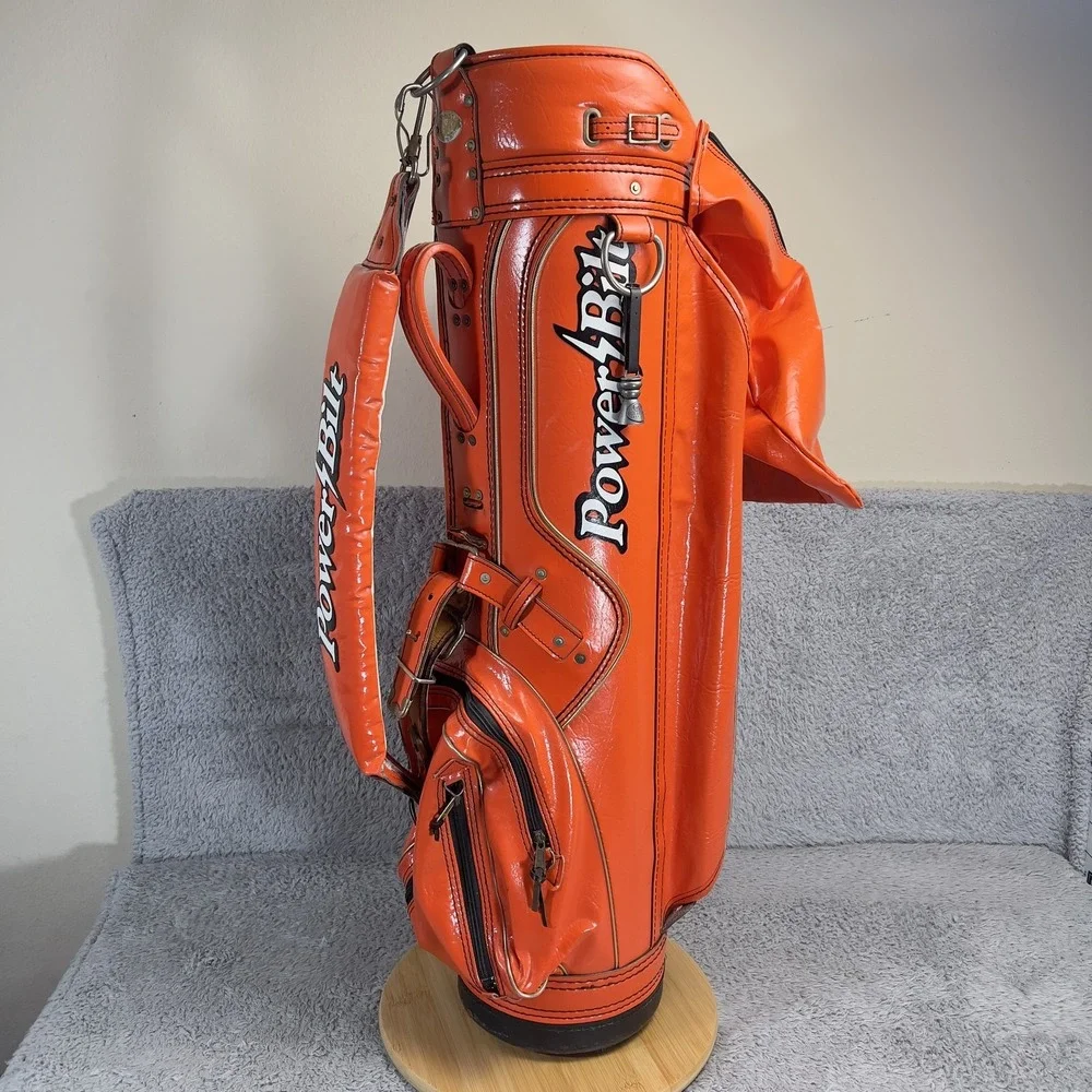Vintage PowerBilt H & B Staff Golf Carry Bag Mens Orange Faux Leather 6-Way Hood